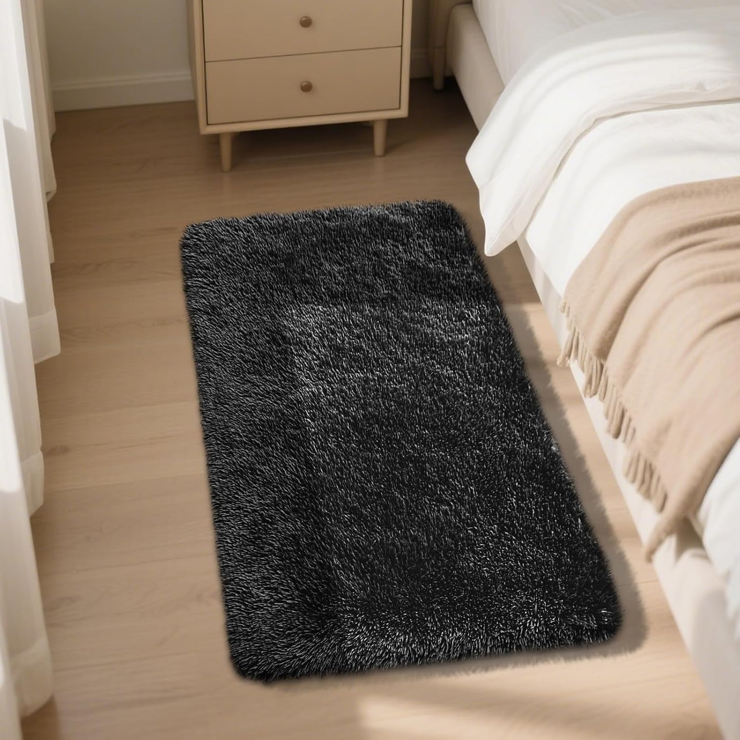 Fluffy Rug Shag Area Rug, Black 2x4 Area Rugs for Bedroom, Small Bedside Rug, Soft Fluffy Shag Entryway Throw Rugs for Living Room Bedroom Room Home Decor