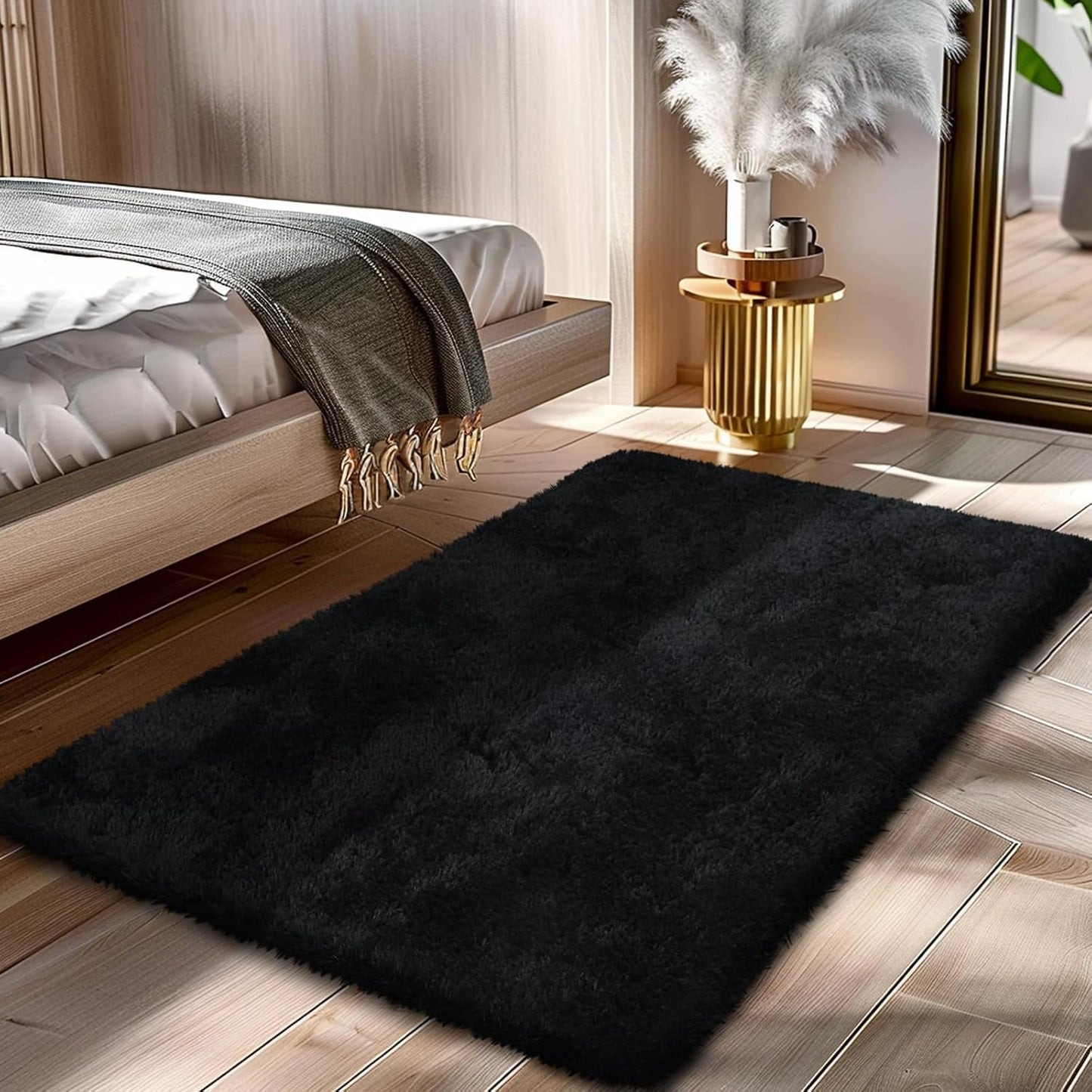Fluffy Rug Shag Area Rug, Black 2x4 Area Rugs for Bedroom, Small Bedside Rug, Soft Fluffy Shag Entryway Throw Rugs for Living Room Bedroom Room Home Decor